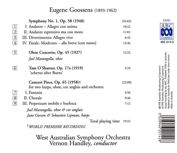 Sir Eugene Goossens, West Australian Symphony Orchestra, Vernon Handley : Symphony No. 1; Oboe Concerto; Tam O'Shanter; Concert Piece (CD)