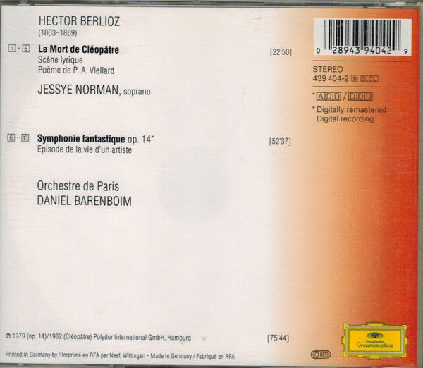Hector Berlioz - Jessye Norman, Orchestre De Paris, Daniel Barenboim : Symphonie Fantastique • La Mort De Cléopâtre (CD, Comp, RM)