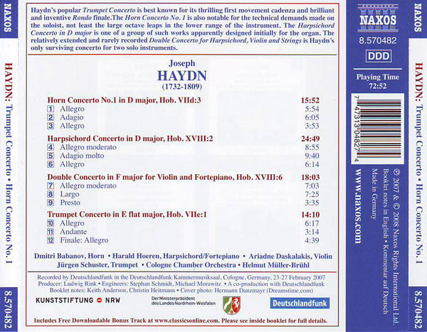 Haydn* / Babanov*, Hoeren*, Daskalakis*, Schuster*, Cologne Chamber Orchestra*, Helmut Müller-Brühl : Trumpet Concerto • Horn Concerto No. 1 • Double Concerto • Harpsichord Concerto (CD, Album)