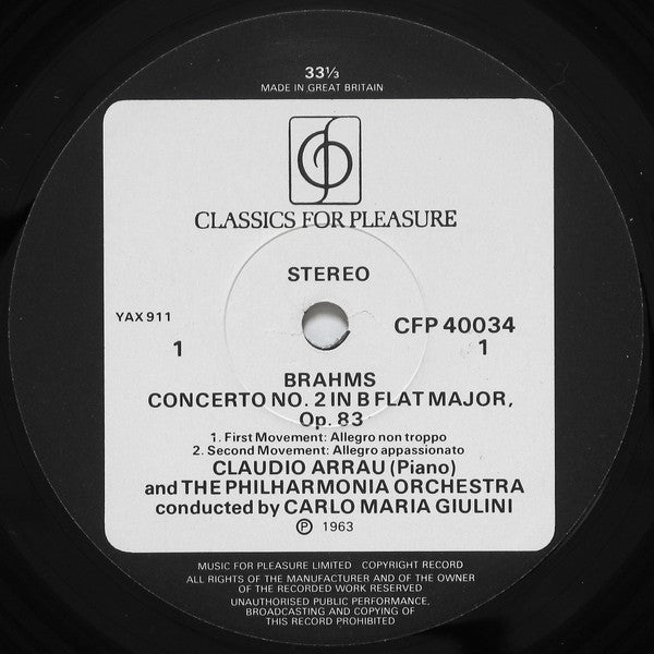 Johannes Brahms, Claudio Arrau, Philharmonia Orchestra, Carlo Maria Giulini : Piano Concerto No.2 (LP, RE, Bla)