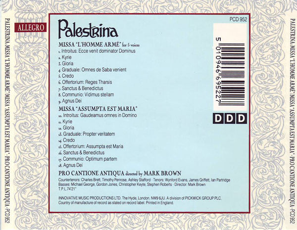 Giovanni Pierluigi da Palestrina / Pro Cantione Antiqua, Mark Brown (4) : Missa "L'Homme Arme" • Missa "Assumpta Est Maria" (CD, Album)