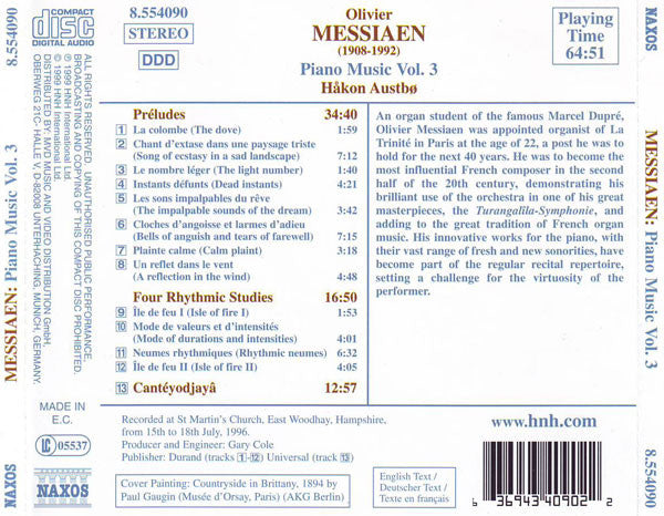 Messiaen* - Håkon Austbø : Piano Music Vol. 3: Préludes, Four Rhythmic Studies, Cantéyodjayâ (CD, Album)