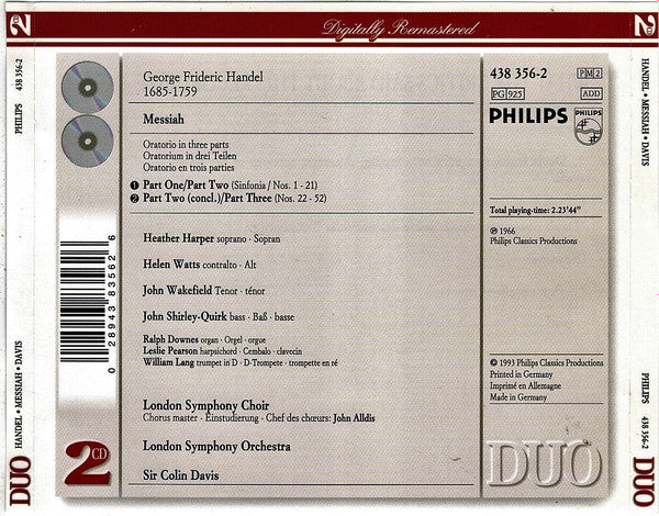 Georg Friedrich Händel - Heather Harper, Helen Watts, John Wakefield, John Shirley-Quirk, London Symphony Orchestra & London Symphony Chorus • Sir Colin Davis : Messiah (2xCD, Album, RE, RM)