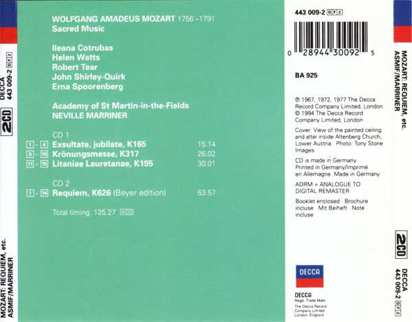 Mozart* - Cotrubas* • Watts* • Tear* • Shirley-Quirk* • Academy Of St Martin-In-The-Fields* • Neville Marriner* : Requiem / Krönungsmesse = Coronation Mass / Exsultate, Jubilate / Litany, K195 (2xCD, Comp, RE, RM)