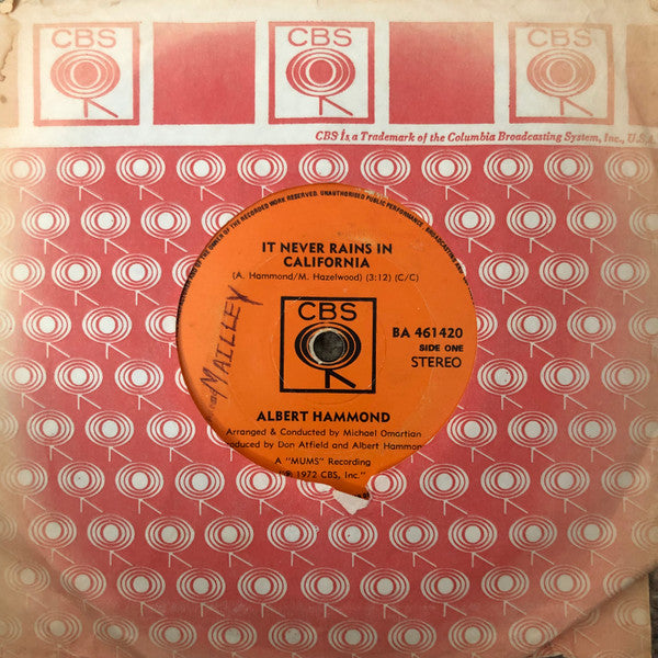 Albert Hammond : It Never Rains In Southern California (7", Single)