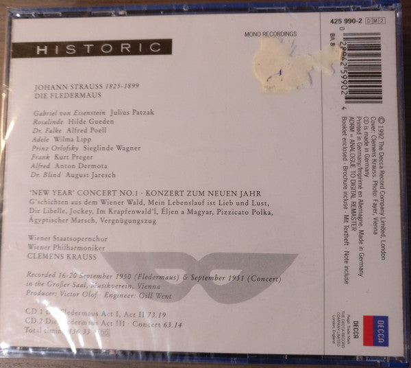 Johann Strauss Jr., Franz Gueden, Julius Patzak, Anton Dermota, Clemens Krauss, Alfred Poell, Wilma Lipp, Hilde Güden, Kurt Preger, August Jaresch : Johann Strauss - Die Fledermaus (2xCD, Album, Mono)