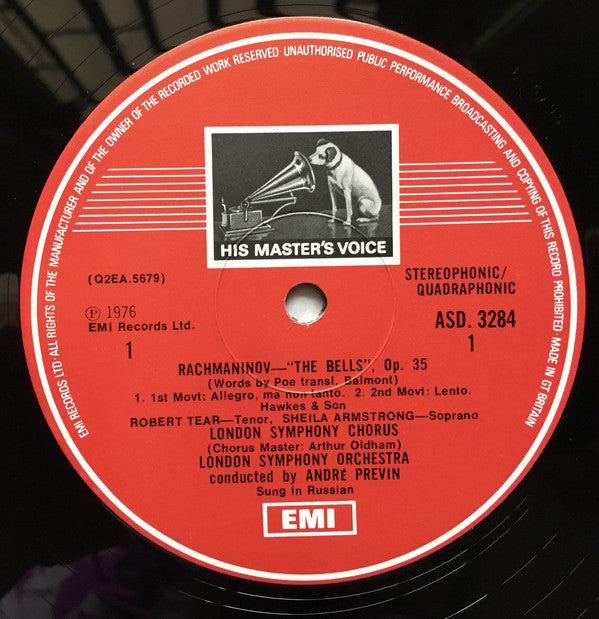 Rachmaninov*, Sheila Armstrong, Robert Tear, John Shirley-Quirk, London Symphony Orchestra, London Symphony Chorus, André Previn : The Bells / Vocalise (LP, Quad, Ori)