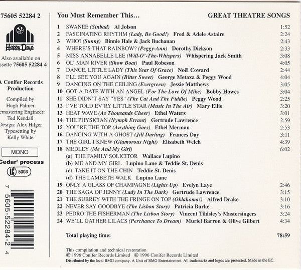 Various : You Must Remember This ... Great Theatre Songs (CD, Album, Comp, Mono)