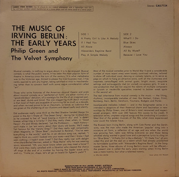 Philip Green And The Velvet Symphony : The Music Of Irving Berlin: The Early Years (LP)