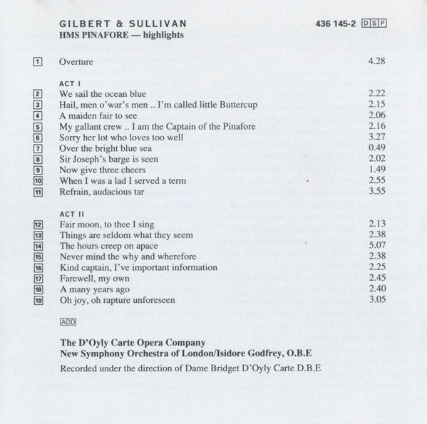 Gilbert & Sullivan, D'Oyly Carte Opera Company : H.M.S. Pinafore (Highlights) (CD, Album)