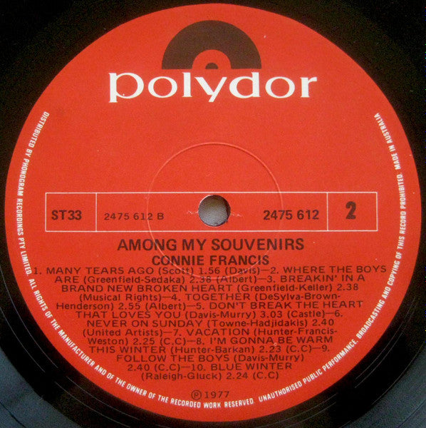 Connie Francis : Among My Souvenirs - 20 Original Hits (LP, Album, Comp, RM)