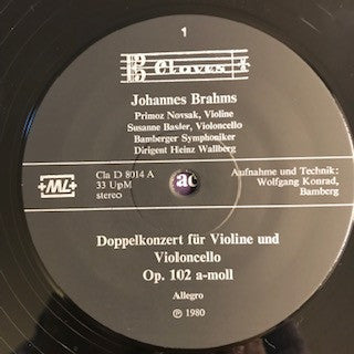 Johannes Brahms, Primož Novšak, Susanne Basler, Bamberger Symphoniker, Heinz Wallberg : Doppelkonzert Für Violine Und Violoncello, Op. 102 a-moll- (LP, Album, Gat)
