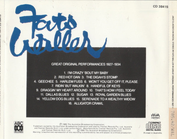 Fats Waller : Great Original Performances 1927-1934 (CD, Comp, RM)