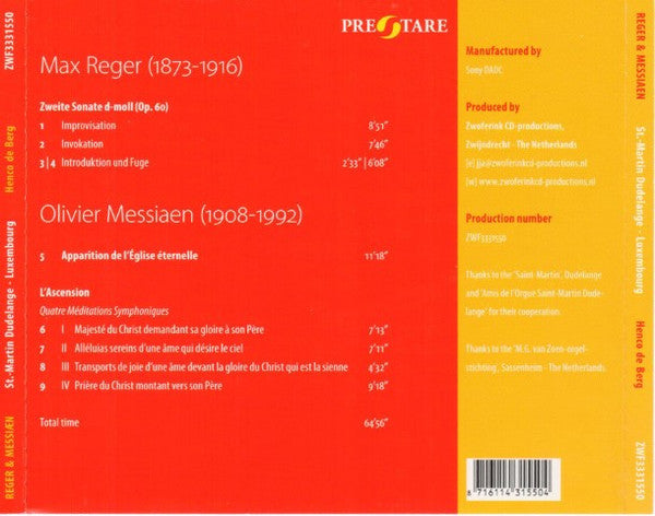 Henco de Berg, Max Reger, Olivier Messiaen : Reger & Messiaen (CD, Album)