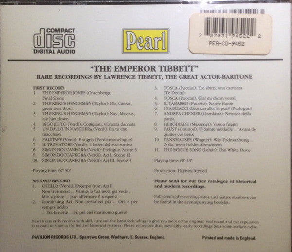 Lawrence Tibbett : "The Emperor Tibbett" Rare Recordings By Lawrence Tibbett (2xCD, Comp, Mono)