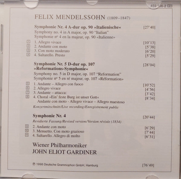 Mendelssohn*, John Eliot Gardiner, Wiener Philharmoniker : Symphonies No. 4 "Italian" ∙ Original And Revised Versions / No. 5 "Reformation" (CD, RE)