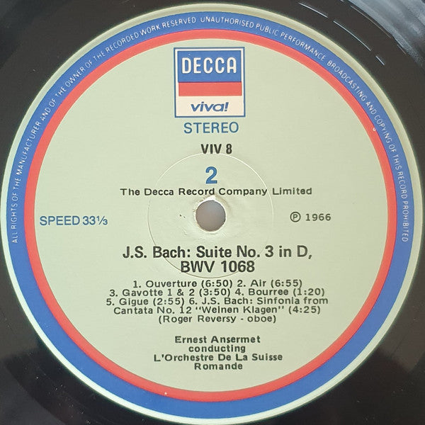 Bach* - L'Orchestre De La Suisse Romande, Ernest Ansermet : Suites • Suiten 2&3 (LP)