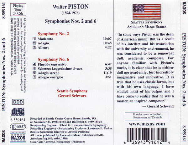 Walter Piston, Seattle Symphony Orchestra, Gerard Schwarz : Symphonies Nos. 2 And 6 (CD, Album, RE, RM)