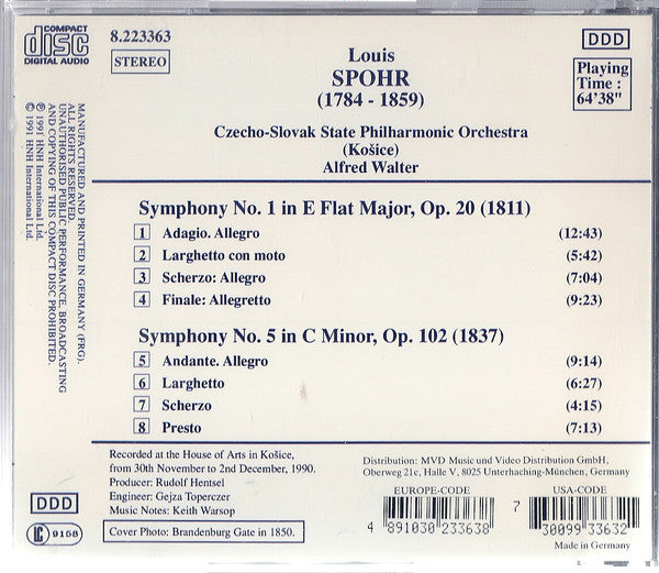 Louis Spohr, Slovak State Philharmonic Orchestra, Košice, Alfred Walter : Symphonies Nos. 1 And 5 (CD, Album, RE)