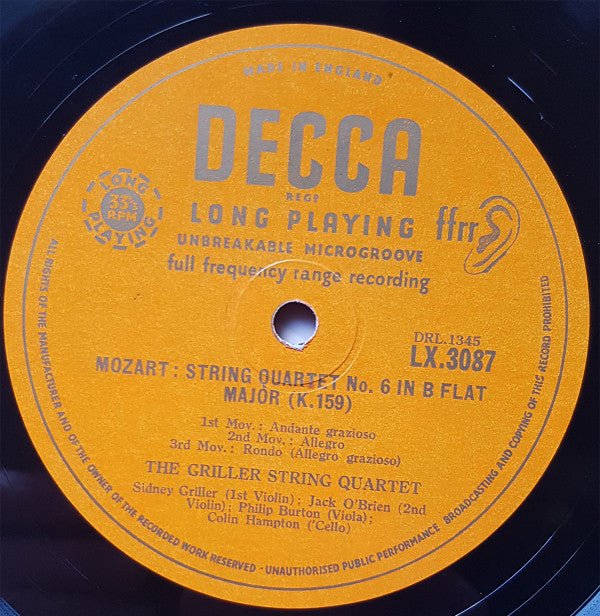 Wolfgang Amadeus Mozart, Joseph Haydn, The Griller String Quartet, Roman Hoffstetter : String Quartets (10", Mono)