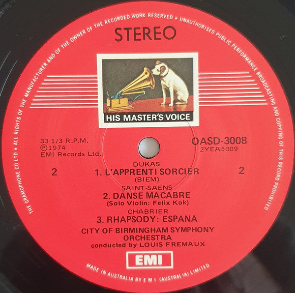 Louis Frémaux - City Of Birmingham Symphony Orchestra, Maurice Ravel • Paul Dukas • Emmanuel Chabrier • Camille Saint-Saëns • Claude Debussy : Bolero - The Sorcerer's Apprentice - España - Danse Macabre - Prélude A L'Après-Midi D'Un Faune (LP, Quad, Ltd, Promo)
