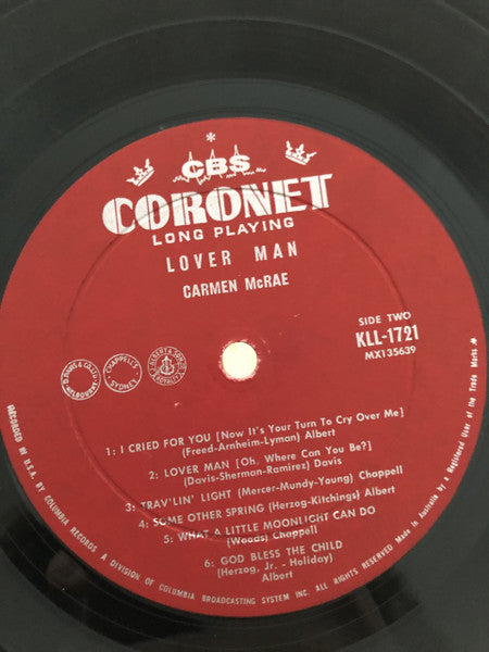 Carmen McRae : Sings Lover Man And Other Billie Holiday Classics (LP, Album, Mono)