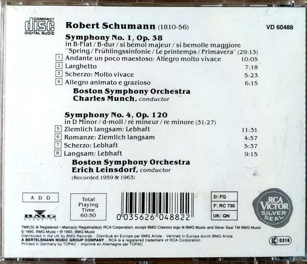 Schumann* : Symphonies No.1 "Spring" - No.4. Boston Symphony Orchestra. Munch - Leinsdorf. (CD, Comp)