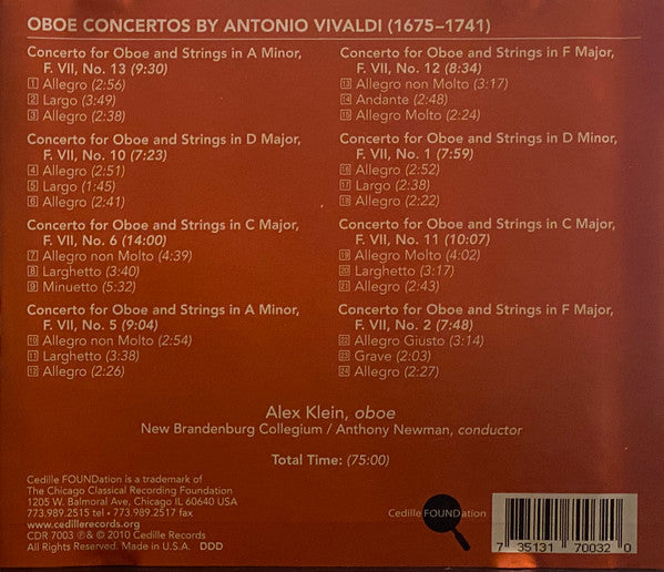 Alex Klein (4), Brandenburg Collegium, Anthony Newman, Antonio Vivaldi : Vivaldi Oboe Concertos (CD, Album)