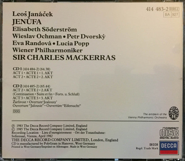 Leoš Janáček - Elisabeth Söderström • Wiesław Ochman • Peter Dvorský • Eva Randová • Lucia Popp • Wiener Philharmoniker • Sir Charles Mackerras : Jenůfa (2xCD, Album, RE + Box, Sli)