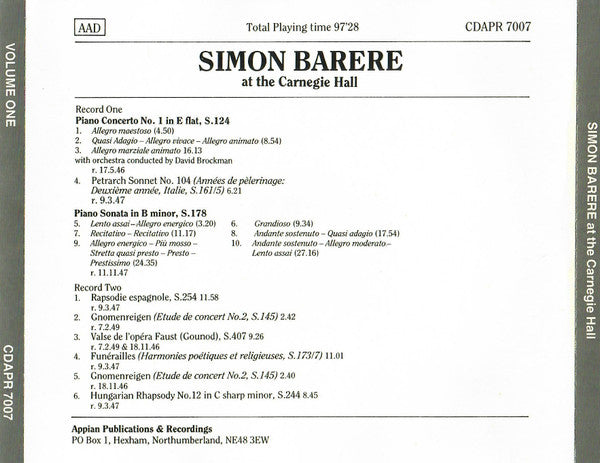 Simon Barere - Franz Liszt : Simon Barere At The Carnegie Hall - Volume One (2xCD, Mono)