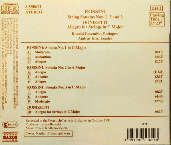 Gioacchino Rossini, Gaetano Donizetti, Budapest Rossini Ensemble : String Sonatas Nos. 1, 2 And 3 / Allegro For Strings In C Major (CD, Album)
