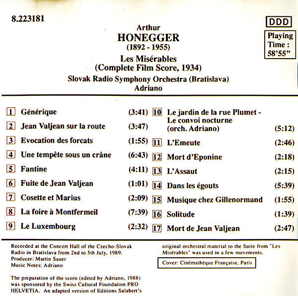Arthur Honegger - Slovak Radio Symphony Orchestra (Bratislava)*, Adriano (3) : Les Misérables (Complete Film Score) (CD, Album)