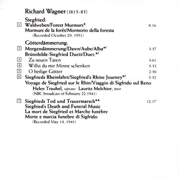Richard Wagner - Helen Traubel, Lauritz Melchior, NBC Symphony Orchestra, Arturo Toscanini : Götterdämmerung • Siegfried (Excerpts = Auszüge = Extraits = Brani Scelti) (CD, Comp, Mono, RE, RM)