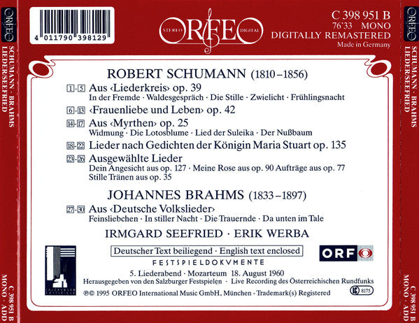 Schumann*, Irmgard Seefried, Erik Werba : Frauenliebe Und Leben . Ausgewählte Lieder (CD, Mono)