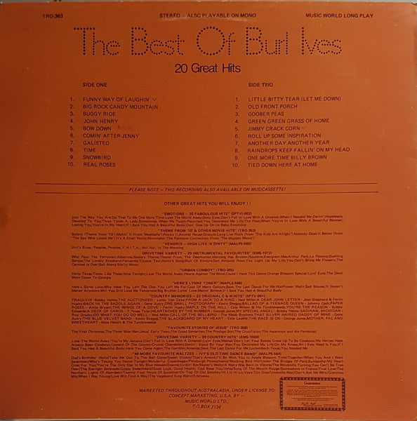 Burl Ives : The Best Of Burl Ives (20 Great Hits) (LP, Comp, Mono)