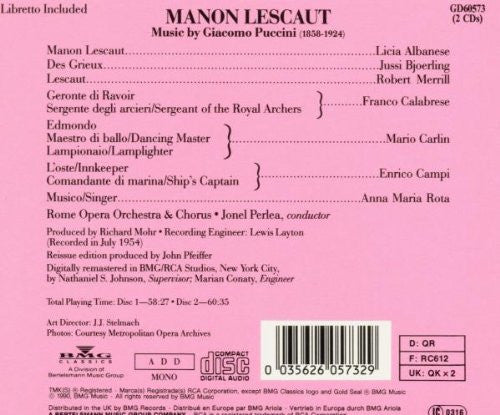 Puccini* - Licia Albanese, Jussi Bjoerling*, Robert Merrill, Rome Opera Orchestra* & Chorus*, Jonel Perlea : Manon Lescaut (2xCD, Album, Mono, RE, RM)