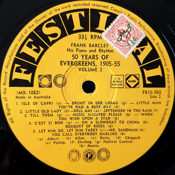 Frank Barcley His Piano And Rhythm : 50 Years Of Evergreens 1905 - 1955 - Volume Two (10", Comp)