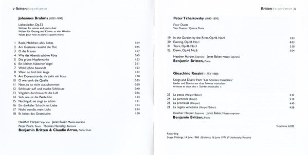 Johannes Brahms - Pyotr Ilyich Tchaikovsky - Gioacchino Rossini, Heather Harper · Janet Baker · Peter Pears · Thomas Hemsley · Claudio Arrau · Benjamin Britten : Liebeslieder Waltzes - Songs & Duets (CD, Album, RM, 20 )