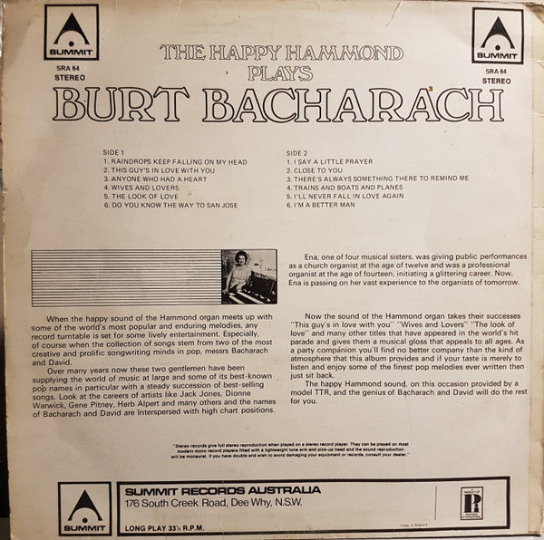 Ena Baga : The Happy Hammond Plays The Hits Of Burt Bacharach (LP, Album)