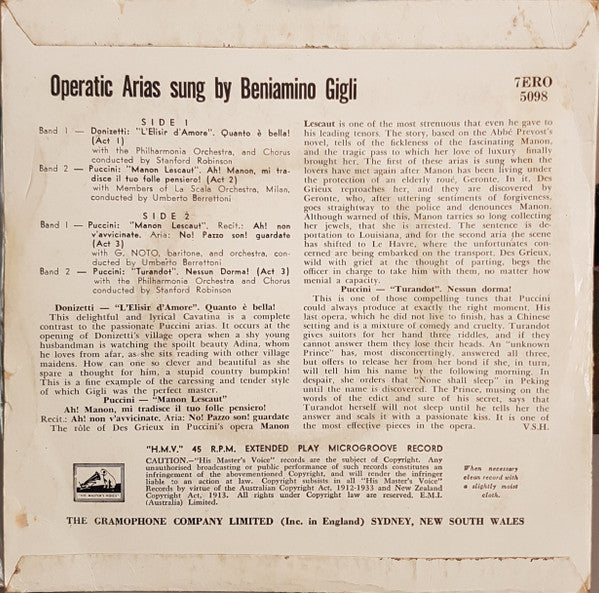 Beniamino Gigli : Operatic Arias Sung By Beniamino Gigli (7", EP, Mono)