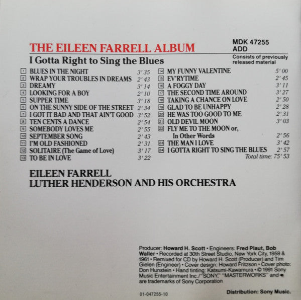 Eileen Farrell • Luther Henderson And His Orchestra : The Eileen Farrell Album: I Gotta Right To Sing The Blues (CD, RE)