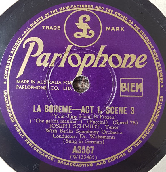 Joseph Schmidt : La Boheme-Act 1, Scene 3 / La Boheme- Act 3 (Shellac, 10", RP)