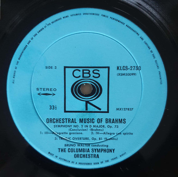 Johannes Brahms : Bruno Walter Conducting Columbia Symphony Orchestra : Symphony No.2 (LP, RE)