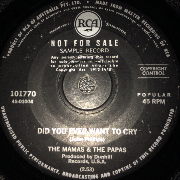 The Mamas & The Papas : Creeque Alley / Did You Ever Want To Cry (7", Advance, Single, Promo, "Sa)