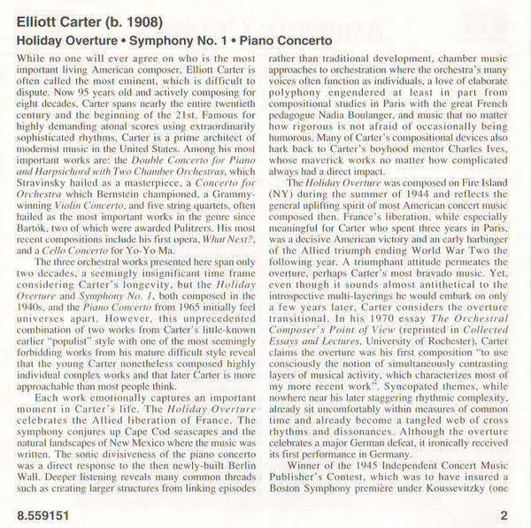 Elliott Carter - Mark Wait, Nashville Symphony Orchestra, Kenneth Schermerhorn : Symphony No. 1 • Piano Concerto (CD, Album)