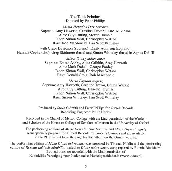 Josquin* / The Tallis Scholars Directed By Peter Phillips (2) : Masses: Hercules Dux Ferrarie · D'ung Aultre Amer · Faysant Regretz (CD, Album)
