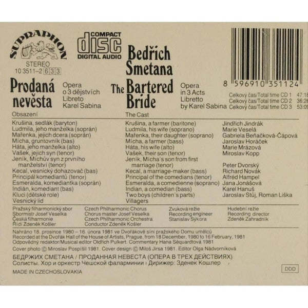 Smetana* - Gabriela Beňačková, Peter Dvorský, Richard Novák, Czech Philharmonic Chorus And Orchestra*, Zdeněk Košler : The Bartered Bride - Opera In 3 Acts (3xCD, Album, RE + Box, Sli)