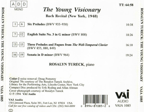 Rosalyn Tureck - Bach* : The Young Visionary: Bach Recital - New York, 1948 (CD, Mono)