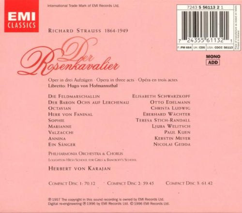 Richard Strauss - Schwarzkopf* · Ludwig* · Stich-Randall* · Edelmann* · Wächter* · Philharmonia Orchestra & Chorus* · Herbert von Karajan : Der Rosenkavalier (Original Mono Edition) (3xCD, Album, Mono, RE, RM + Box, Sli)