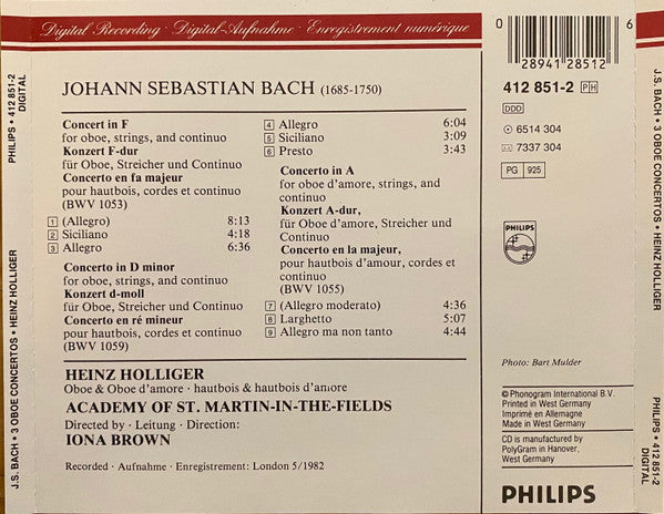 J.S. Bach* - Heinz Holliger, Academy Of St. Martin-in-the-Fields*, Iona Brown : 3 Oboe Concertos = 3 Oboenkonzerte (BWV 1053, 1055, 1059) (CD, Album, RE, PMD)